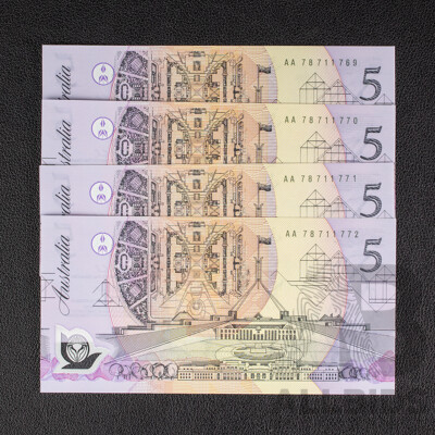 Four Australian 1992 UNC Five Dollar Notes, R214 Fraser/Cole, Consecutive AA78711769 - AA78711772  - First Year Polymer
