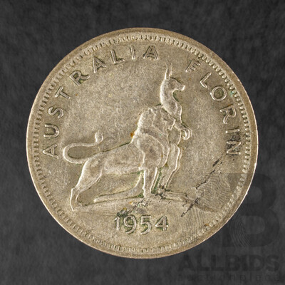 Australian 1954 Silver Florin, Royal Visit, Laminating Fault .500