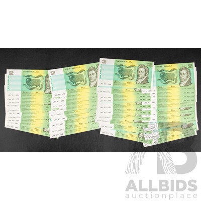 Forty Australian 1985 UNC Two Dollar Notes, R89 Johnston/Fraser Consecutive LPP 951372 - LPP 951411