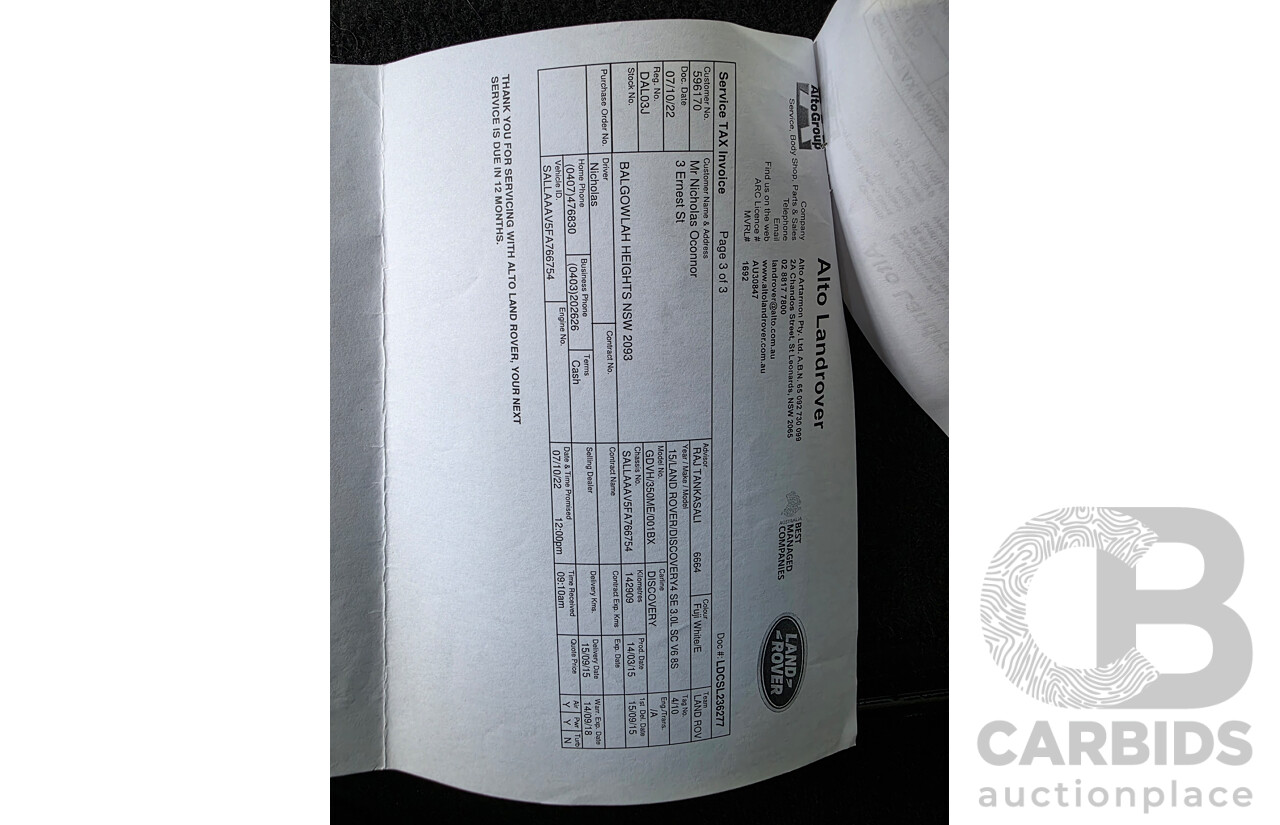 05/2015 Land Rover Discovery 3.0 SCV6 SE 4x4 MY16 4d Wagon White 3.0L