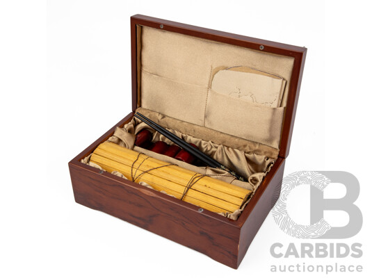 Chinese Carved Wooden Storage Box with Decorative Accessories