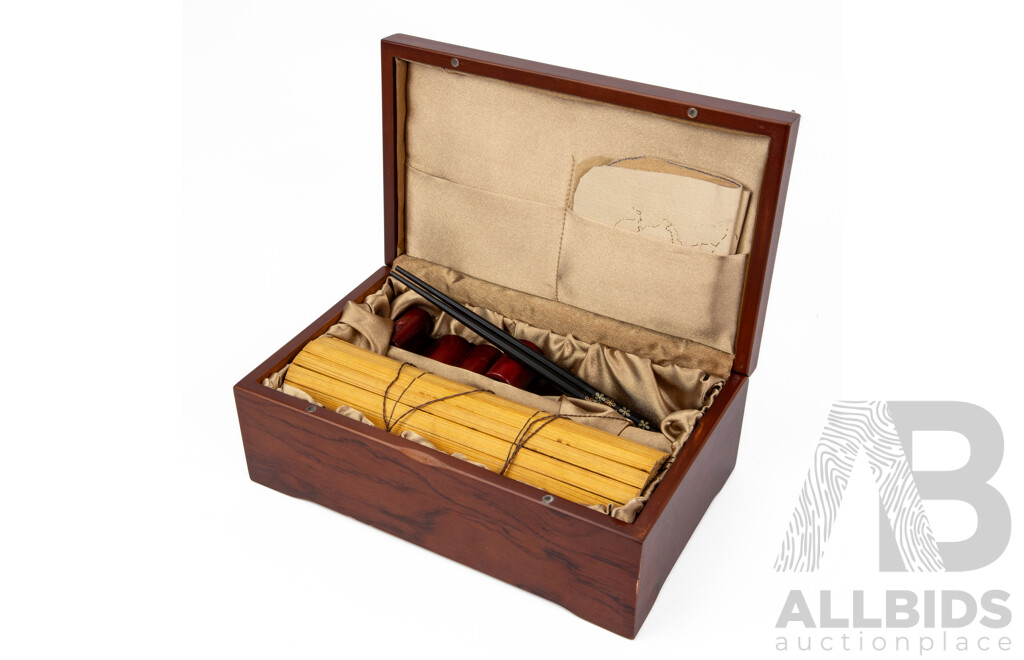Chinese Carved Wooden Storage Box with Decorative Accessories