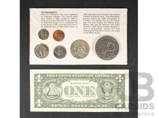 The Americana Coin Set 'The Presidents' Including 1965 Kennedy Silver Half Dollar, 1978 Eisenhower One Dollar, 2013 One Dollar Note