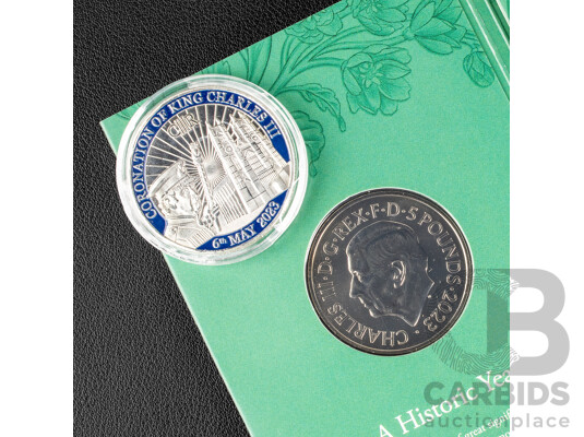 United Kingdom Royal Mint 2023 Brilliant Five Pound Coin, King Charles III 75th Birthday with King Charles III Silver Plated Coronation Coin