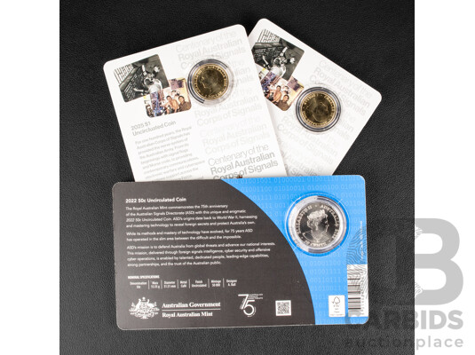 Three Australian Commemorative Coins Including 2022 Fifty Cent, Reveal and Protect and Two 2025 One Dollar Centenary of the Royal Australian Corps of Signals
