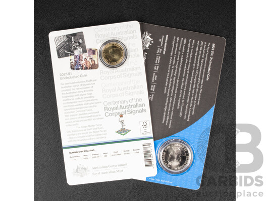 Two Australian Commemorative Coins Including 2022 Fifty Cent, Reveal and Protect and 2025 One Dollar Centenary of the Royal Australian Corps of Signals