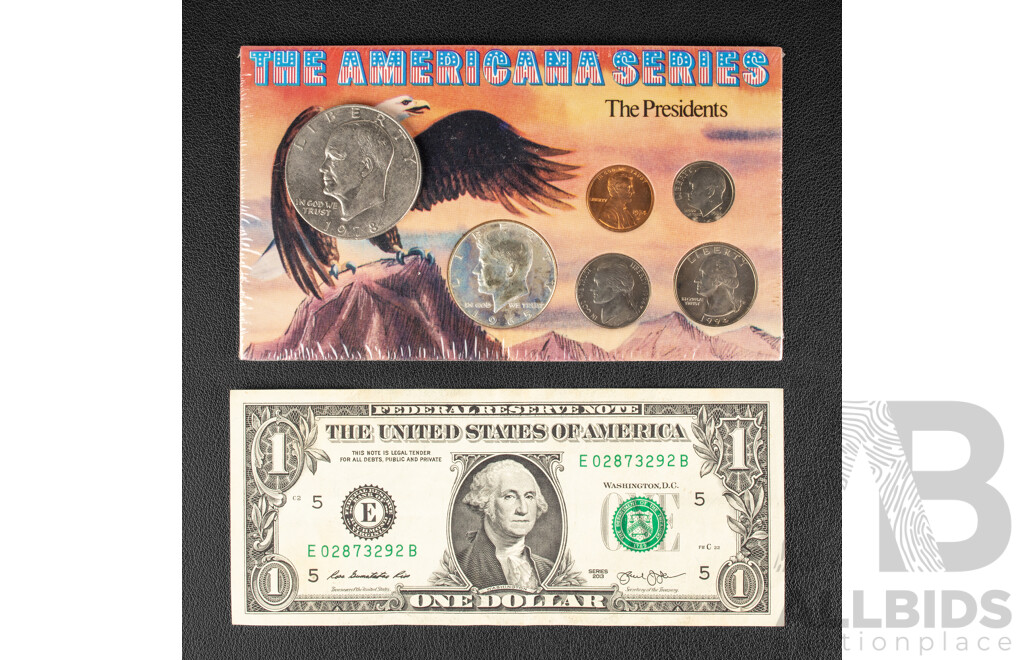The Americana Coin Set 'The Presidents' Including 1965 Kennedy Silver Half Dollar, 1978 Eisenhower One Dollar, 2013 One Dollar Note