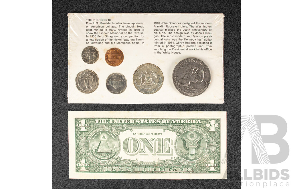 The Americana Coin Set 'The Presidents' Including 1965 Kennedy Silver Half Dollar, 1978 Eisenhower One Dollar, 2013 One Dollar Note