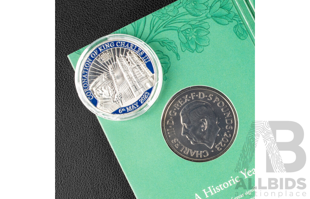 United Kingdom Royal Mint 2023 Brilliant Five Pound Coin, King Charles III 75th Birthday with King Charles III Silver Plated Coronation Coin