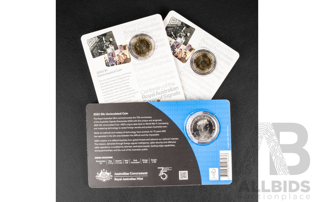 Three Australian Commemorative Coins Including 2022 Fifty Cent, Reveal and Protect and Two 2025 One Dollar Centenary of the Royal Australian Corps of Signals