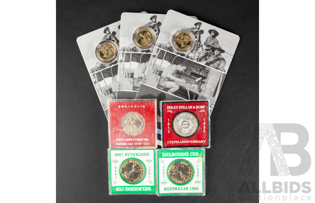 Three Australian 2025 Fifty One Dollar Coins, Centenary of the Royal Australian Corps of Signals with Four Commemorative Coins Including 1988 Holey Dollar 175th Anniversary, 1970 Fifty Cent, Captain Cook, Two 1988 Melbourne Cup