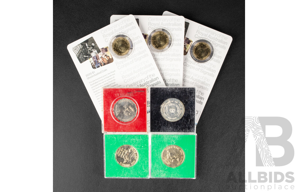 Three Australian 2025 Fifty One Dollar Coins, Centenary of the Royal Australian Corps of Signals with Four Commemorative Coins Including 1988 Holey Dollar 175th Anniversary, 1970 Fifty Cent, Captain Cook, Two 1988 Melbourne Cup