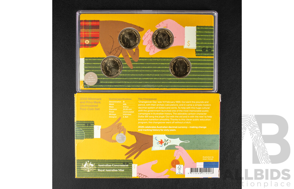Australian RAM 2026 Four Mint Marked One Dollar Coin Set, Sixty Years of Decimal Currency