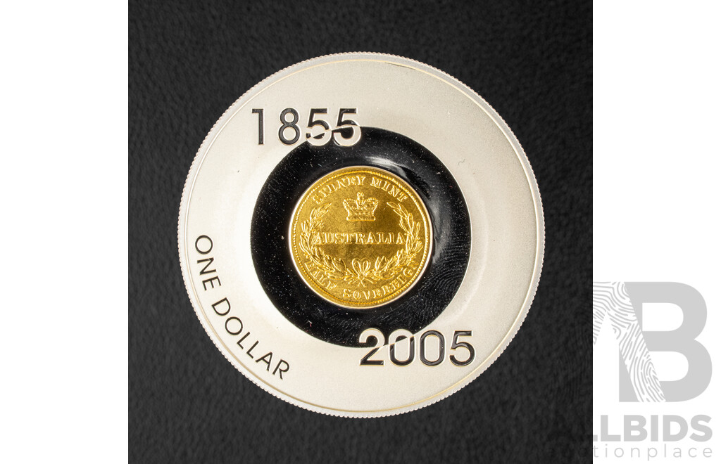 Australian RAM 2005 Silver Proof Gold Plated One Dollar/1855 Half Sovereign Sydney Mint Subscription Coin .999