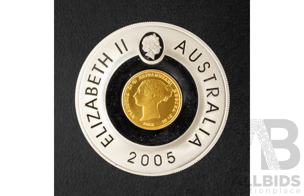 Australian RAM 2005 Silver Proof Gold Plated One Dollar/1855 Half Sovereign Sydney Mint Subscription Coin .999