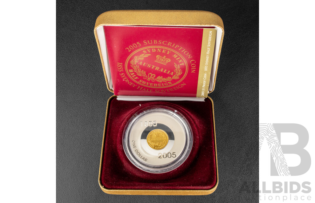 Australian RAM 2005 Silver Proof Gold Plated One Dollar/1855 Half Sovereign Sydney Mint Subscription Coin .999