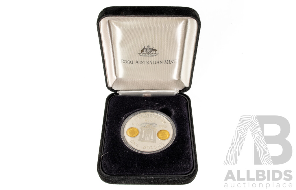 Australian RAM 2002 Silver Proof/Gold Inserts One Dollar Coin, Melbourne Mint 130 Years .999