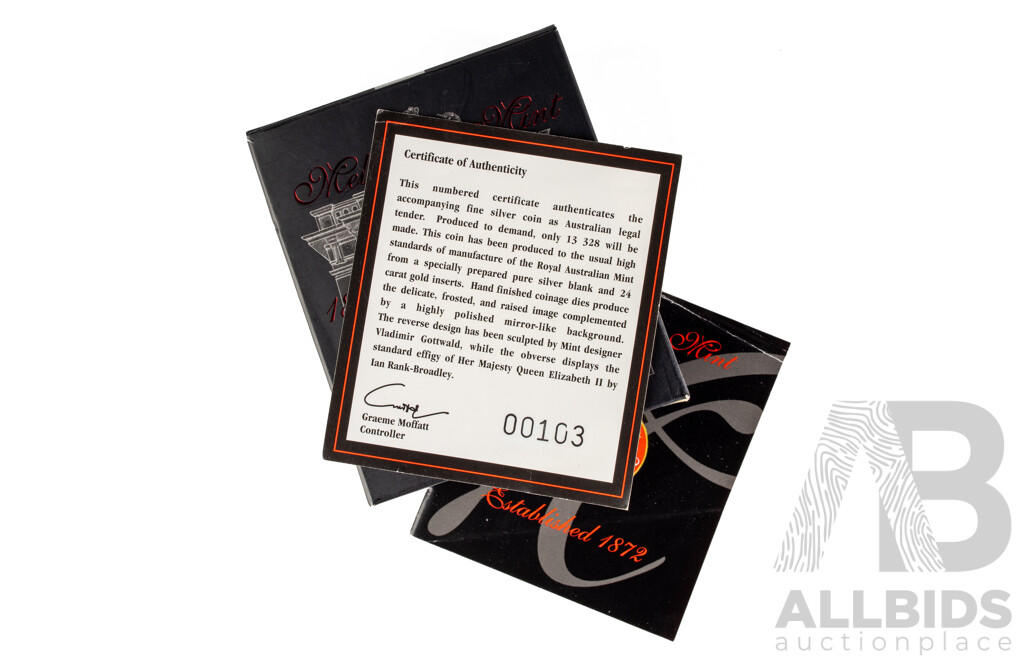 Australian RAM 2002 Silver Proof/Gold Inserts One Dollar Coin, Melbourne Mint 130 Years .999