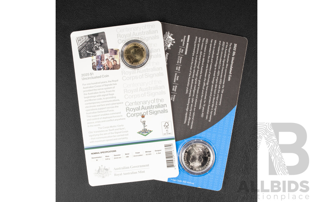Two Australian Commemorative Coins Including 2022 Fifty Cent, Reveal and Protect and 2025 One Dollar Centenary of the Royal Australian Corps of Signals