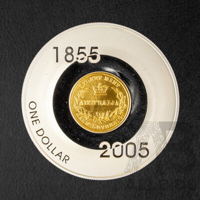 Australian RAM 2005 Silver Proof Gold Plated One Dollar/1855 Half Sovereign Sydney Mint Subscription Coin .999