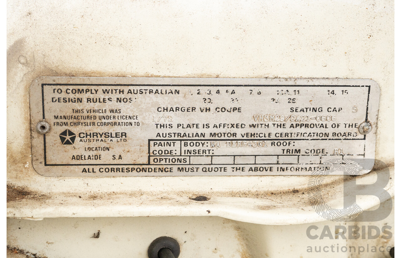 01/1972 Chrysler Valiant Charger VH 2d Coupe Alpine White 245ci 4.0L