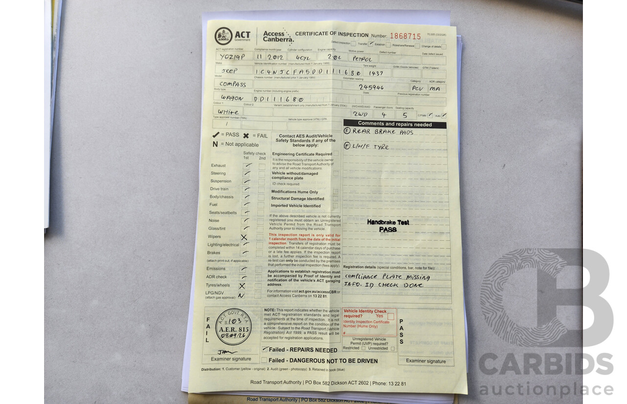 09/2012 Jeep Compass Sport (4x2) MK MY12 4d Wagon White 2.0L