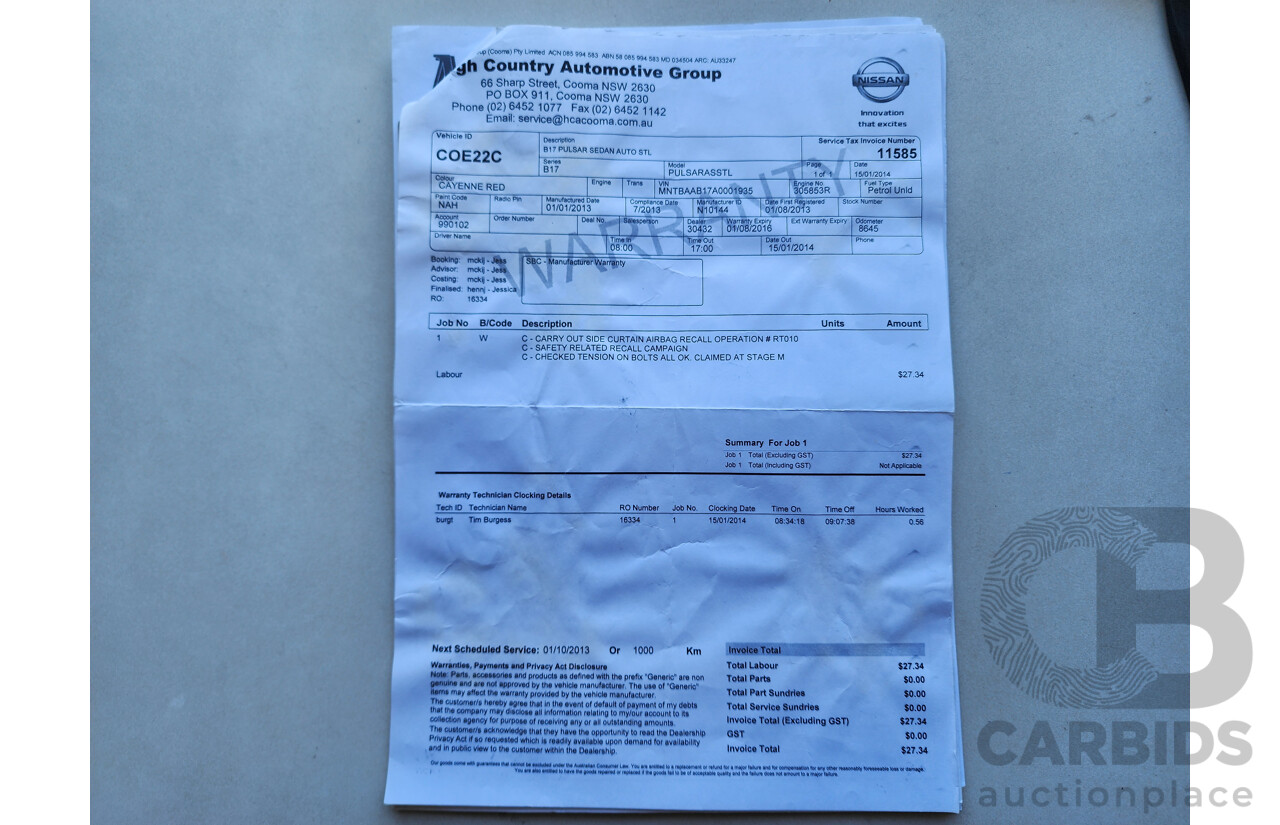 02/2013 Nissan Pulsar ST-L B17 4d Sedan Red 1.8L