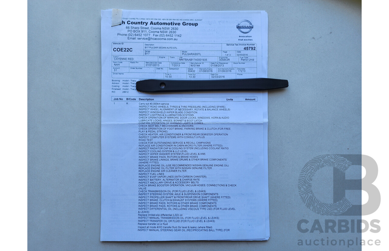 02/2013 Nissan Pulsar ST-L B17 4d Sedan Red 1.8L