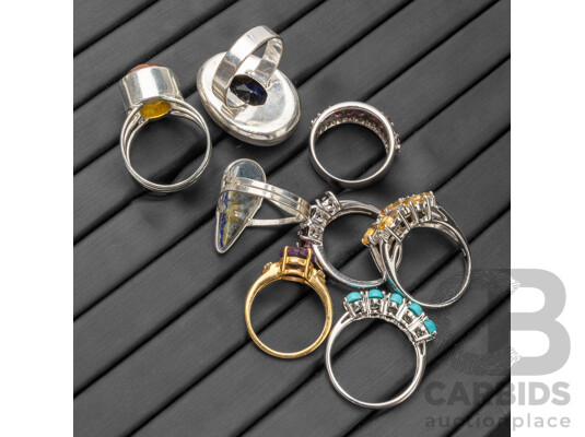 Collection of 925 Sterling Silver & Silver Tone Gemstone Rings - Lot of 8