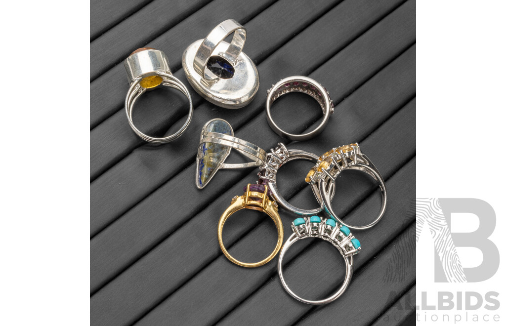 Collection of 925 Sterling Silver & Silver Tone Gemstone Rings - Lot of 8