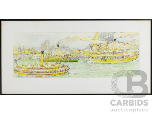 Agnew (20th Century, Australian, Active C1990s), Sydney Harbour Scene with Ferries (1990). Original Watercolour and Pencil, 30H x 62W cm (frame)