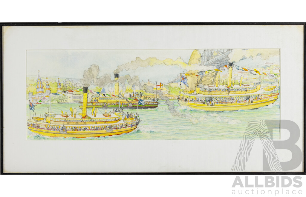 Agnew (20th Century, Australian, Active C1990s), Sydney Harbour Scene with Ferries (1990). Original Watercolour and Pencil, 30H x 62W cm (frame)