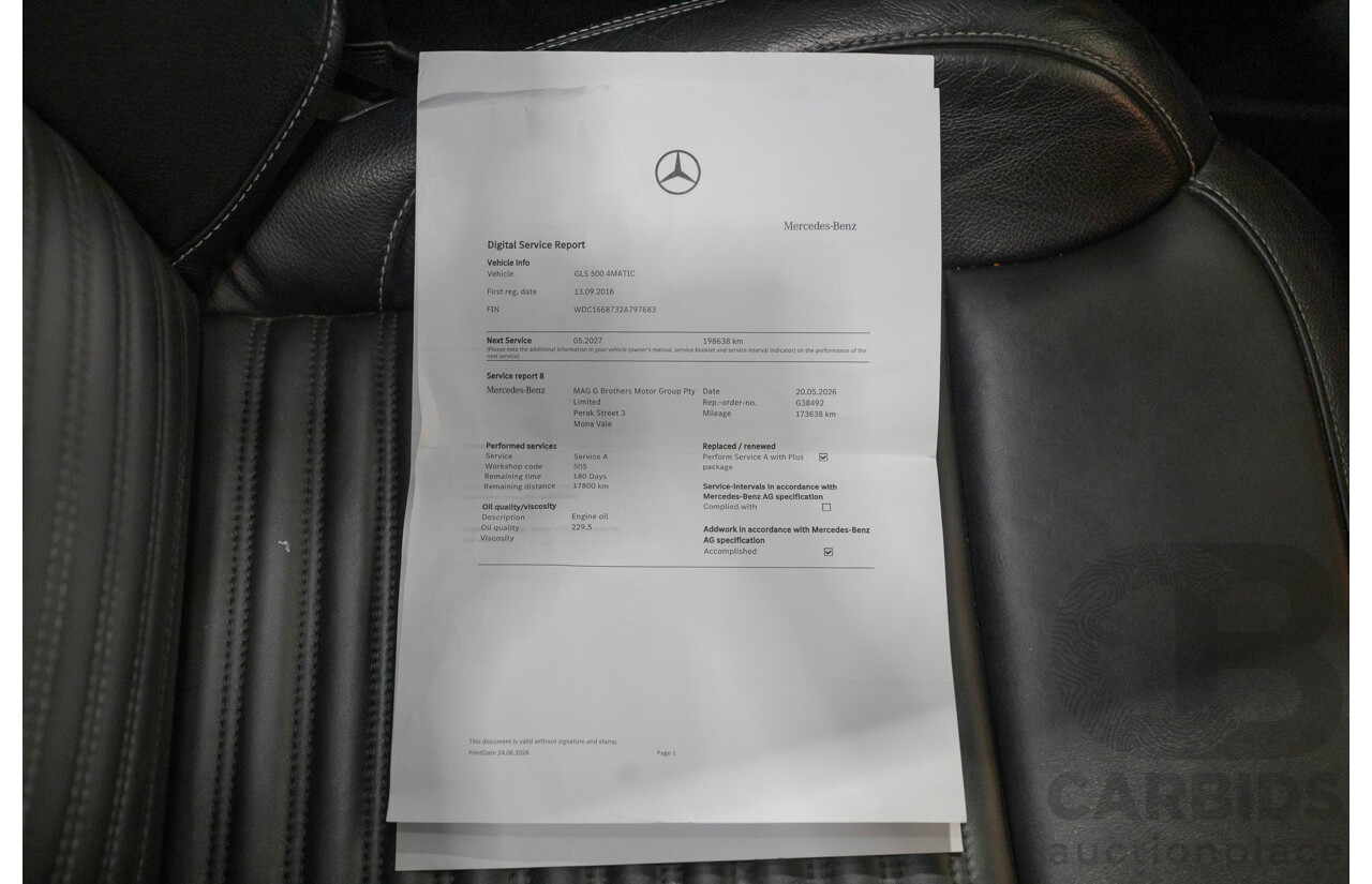 7/2016 Mercedes-Benz GLS 500 4MATIC AMG Pack (AWD) X166 4d Wagon Diamond White Metallic Twin Turbo V8 4.7L - 7 Seater