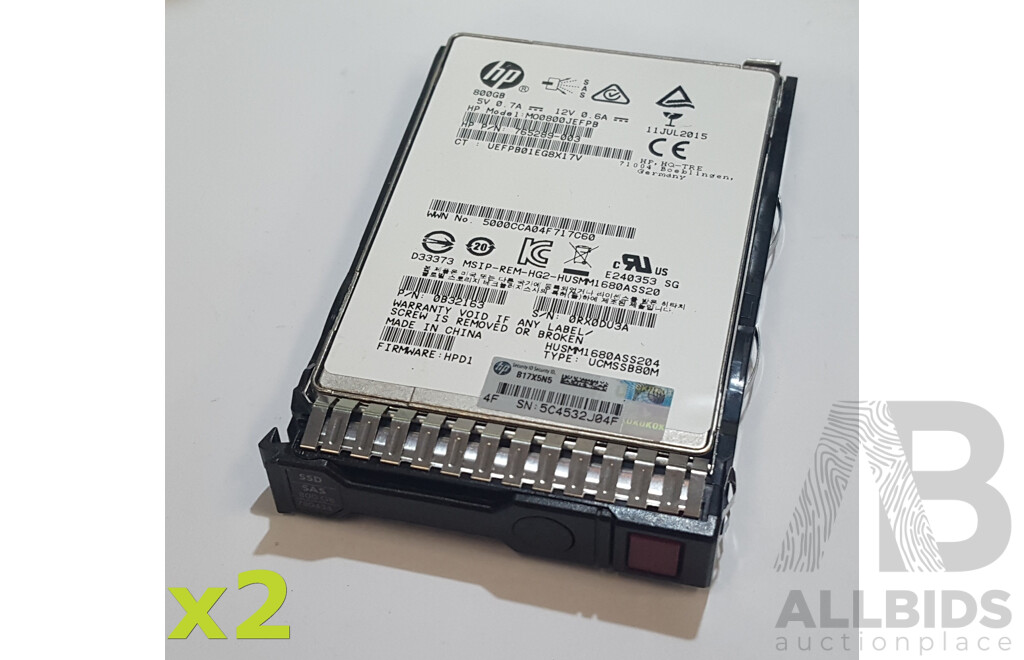 HP (MO0800JEFPB) 800GB SAS 12Gbps 2.5-Inch Enterprise Solid State Drive - Lot of Two