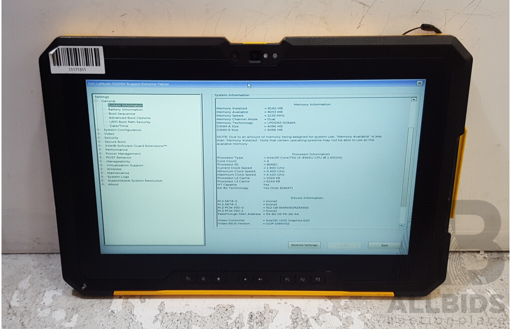 Dell Latitude 7220EX Intel Core i5 (8365U) 1.60GHz-4.10GHz 4-Core CPU 11.6-Inch FHD Rugged Extreme Tablet