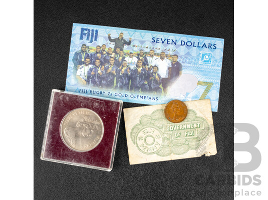 Fiji 1966 Commemorative One Dollar Coin, 1942 One Penny Note, 2017 Seven Dollar Note, 1982 Two Cents