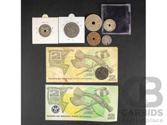 Seven Papua New Guinea Coins With Two Twi Kina Notes