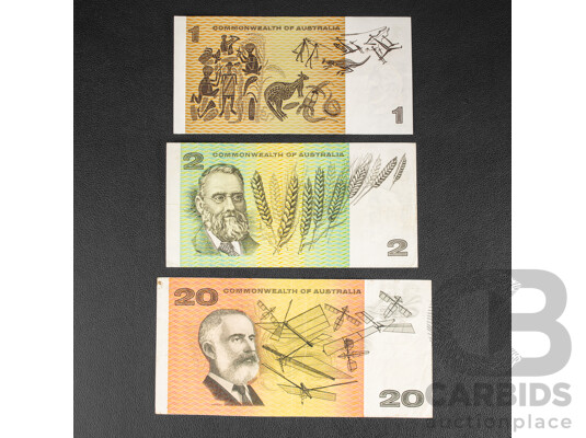 Three Australian 1968 Banknotes, One, Two, Twenty Dollars, Phillips/Randall