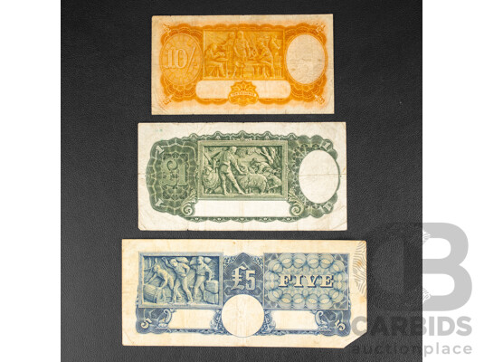 Three Australian Pre Decimal Notes, 1939 Ten Shillings, 1942 One Pound, Five Pounds