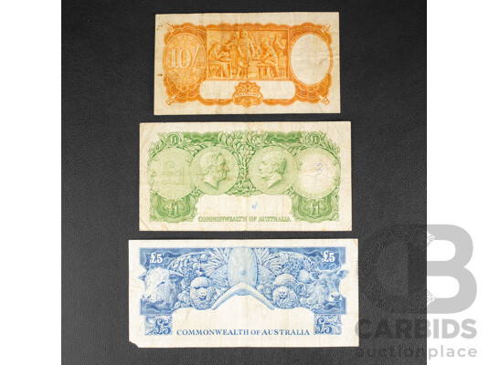 Three Australian Coombs/Wilson Banknotes, Ten Shillings, One Pound, Five Pound