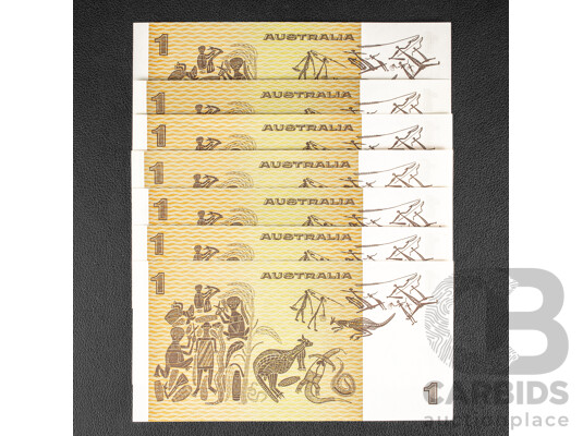 Seven Australian 1976 UNC One Dollar Notes, Knight/Wheeler