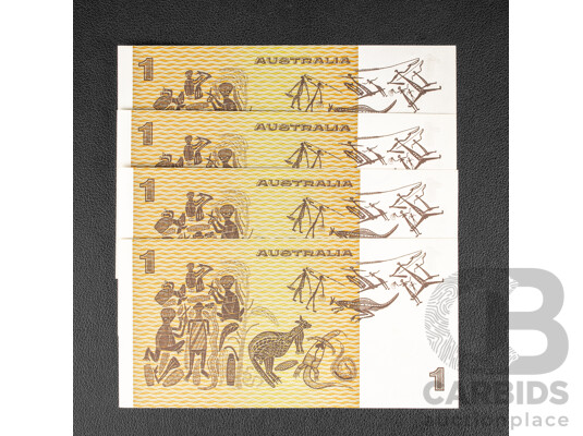 Four Australian 1982 UNC One Dollar Notes, Johnston/Stone, Consecutive