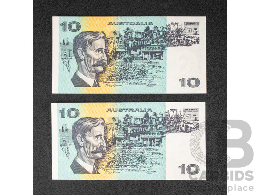 Two Australian 1985 UNC Ten Dollar Notes, Johnston/Fraser, Consecutive