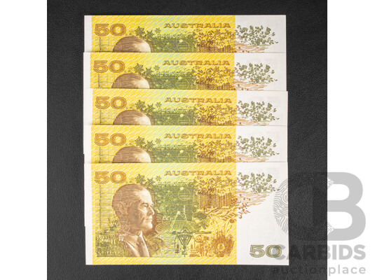 Five Australian 1985 UNC Fifty Dollar Notes, Johnston/Fraser Consecutive