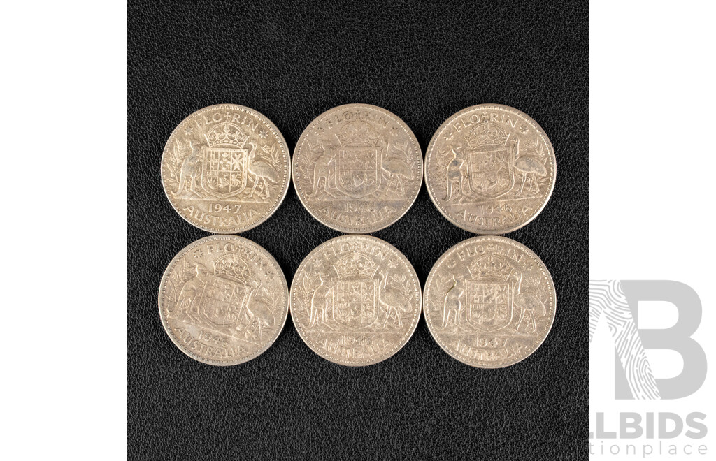 Six Australian KGVI Silver Florins Including 1946(4), 1947(2)  .500