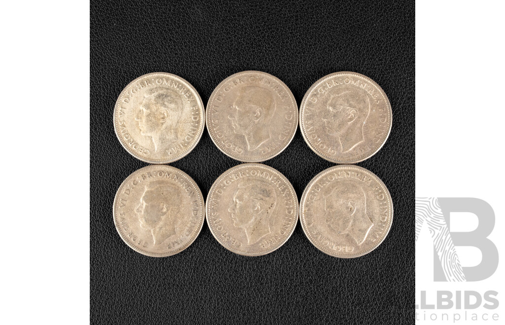 Six Australian KGVI Silver Florins Including 1946(4), 1947(2)  .500