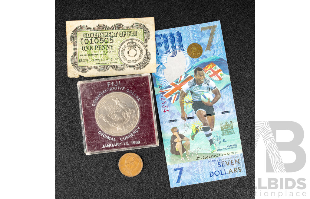 Fiji 1966 Commemorative One Dollar Coin, 1942 One Penny Note, 2017 Seven Dollar Note, 1982 Two Cents