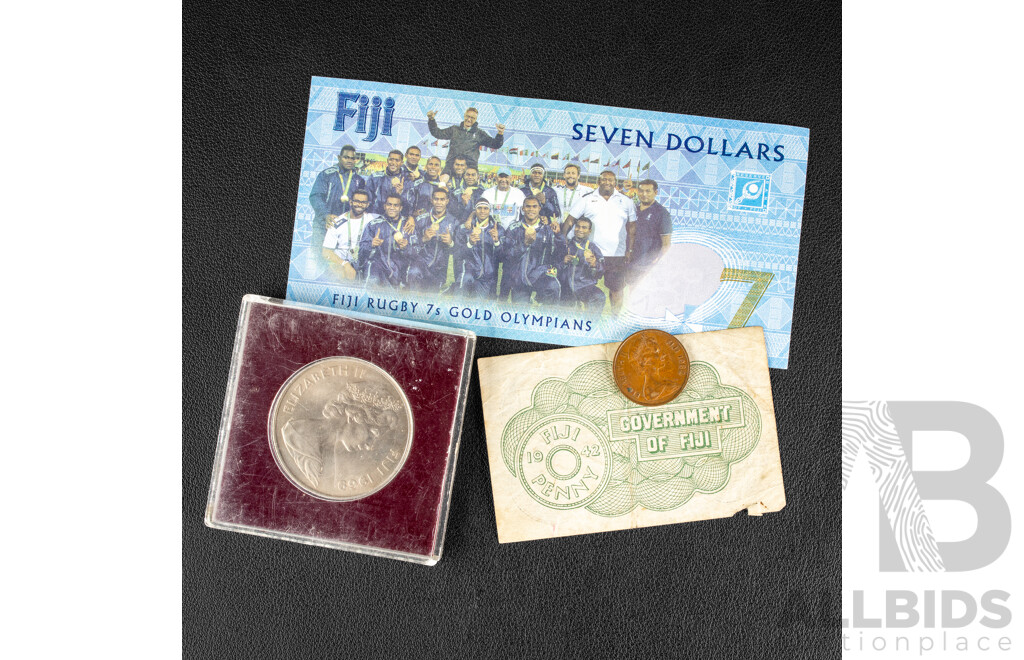 Fiji 1966 Commemorative One Dollar Coin, 1942 One Penny Note, 2017 Seven Dollar Note, 1982 Two Cents