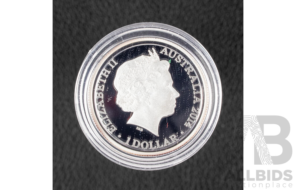 Australian 2014 Silver Proof One Dollar Coin, Kangaroo at Sunset.