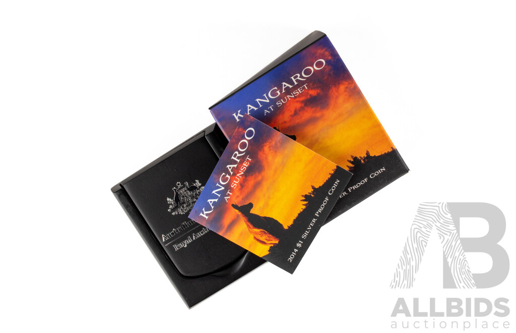Australian 2014 Silver Proof One Dollar Coin, Kangaroo at Sunset.